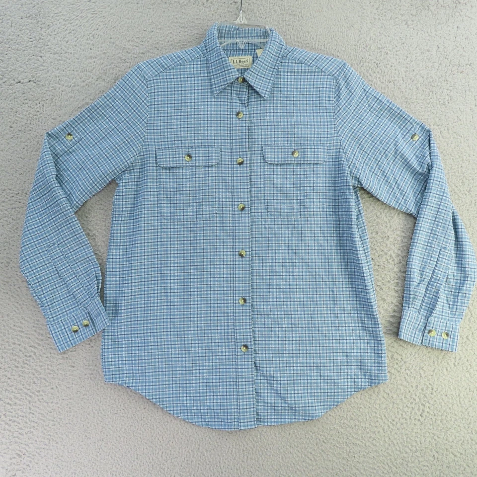 Camisa LL Bean Mujer Pequeña Azul Cuadros Nylon Gasa Pestaña Enrollable Manga Larga Foto 1 de 4