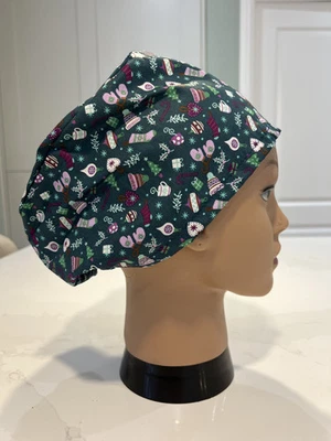 HEARTFELT HATS Cosy Christmas Green Xmas 100% Cotton theatre scrub hat/cap - gift satin surgeon