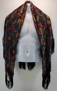 II) Black Sheer Lace Velour Floral Design Square Fringed Shawl Scarf - Picture 1 of 10