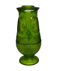MCM Avocado Green Viking Art Glass Owl Glimmer Fairy Lamp Candle Holder 7 inch - Picture 1 of 8