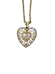 14K Gold Chain Necklace with 10K Heart Pendant Small Yellow White Gold Heart - Picture 1 of 8