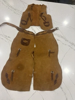 Gorras de cuero vaquero/niña conjunto M&F niños chaps y chaleco CUERO REAL PESADO Foto 1 de 4