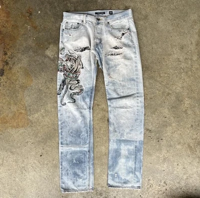 Ed Hardy Jeans Mens 32x34 Light Wash Distressed Tiger Patch Embroidered Denim - Image 1 of 4