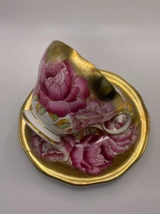 Vintage Queen Anne England Tea Cup & Saucer Large Pink Cabbage Roses Heavy Gold - Picture 1 of 12