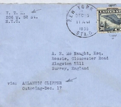 USA WW2 Cover NYC VTM *TUXEDO PARK* 1939 CLIPPER Air Mail {McNaught}YL244 - Image 1 of 4
