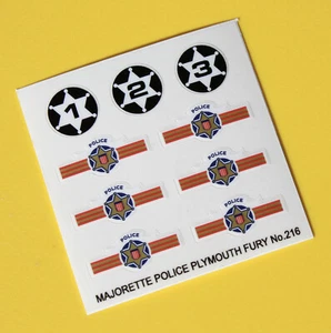 Majorette Diecast Fury Police car No.216 sticker decal reproductions  - Picture 1 of 1