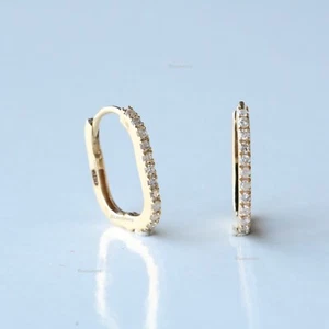 Solid 14k Yellow Gold Studded Natural SI Diamond Mini Oval Shape Hoops Earrings - Picture 1 of 5