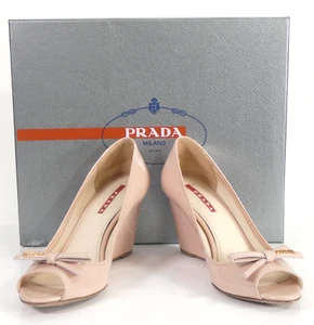 Prada Shoes Wedge Heels Bow Peep Open Toe Nude Powder Pink Size EU 36.5 UK 3.5 - Picture 1 of 24