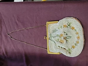 antique FRENCH Gl Micro Beaded PURSE Point de Beauvais FLORAL EMBROIDERY Bridal - Picture 1 of 22