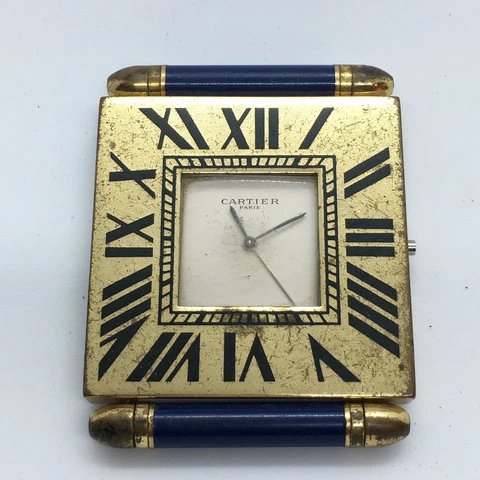 Cartier Quadrant Border Lapis Lazuli Travel Desk Clock Needs Repair Cover