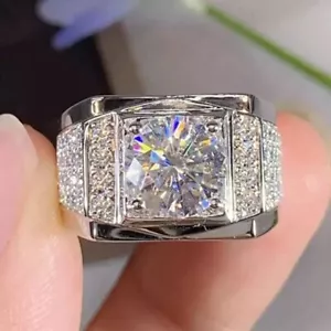 3 CtW Round Cut Real Moissanite Men's Wedding Ring in 14K White Gold Plated - Picture 1 of 4