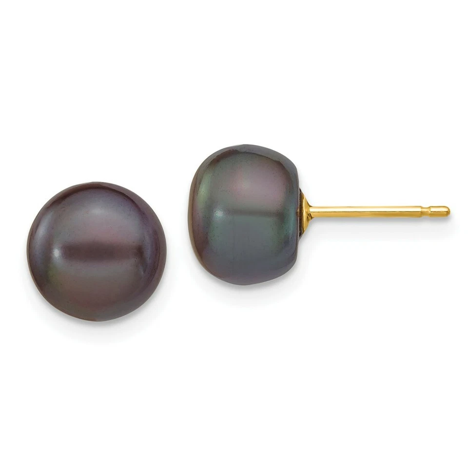 14k 8-9mm Black Button FW Cultured Pearl Stud Post Earrings X80bb