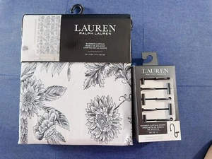 Set RALPH LAUREN 70 x 72" Black White Floral Shower Curtain With 12 Black Hooks - Picture 1 of 7