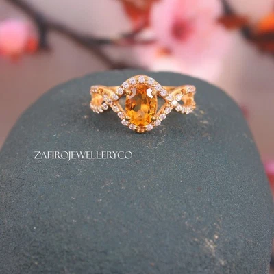 Anillo de citrino natural, anillo pavé, anillo de compromiso, anillo impresionante, anillo de propósito Foto 1 de 3