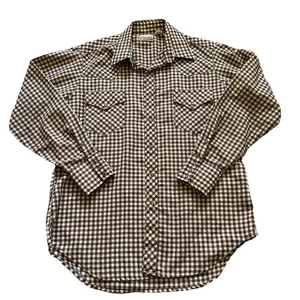 Vintage 70s Sears Western Wear Shirt Men’s Large Brown Gingham Plaid Pearl Snap - Picture 1 of 4