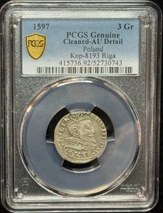 1597 Poland 3 Groschen Silver PCGS Cleaned AU Details-743 - Picture 1 of 2