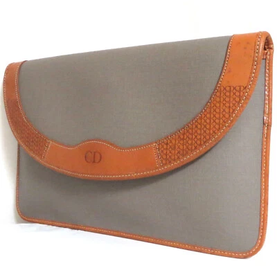 Auténtico Bolso Clutch Christian Dior Vintage Monedero Gris PVC Marrón Cuero Hecho en Francia Foto 1 de 4