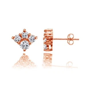 Four Stone Cluster Cubic Zirconia Stud Earrings in Rose Gold Plated 925 Silver - Picture 1 of 4