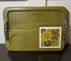 MCM Georges Briard Floral Gold Mum Tile Wood Cheese Tray Retro Brass Handles - Picture 1 of 8