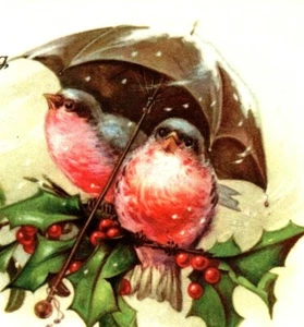 Weihnachtsvögel unter Regenschirm von Wolf & Co. Vintage Postkarte (A4) - Bild 1 von 3