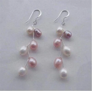 Natural 7-8mm White Pink Purple Freshwater Baroque Pearl Dangle Hook Earrings - Picture 1 of 1