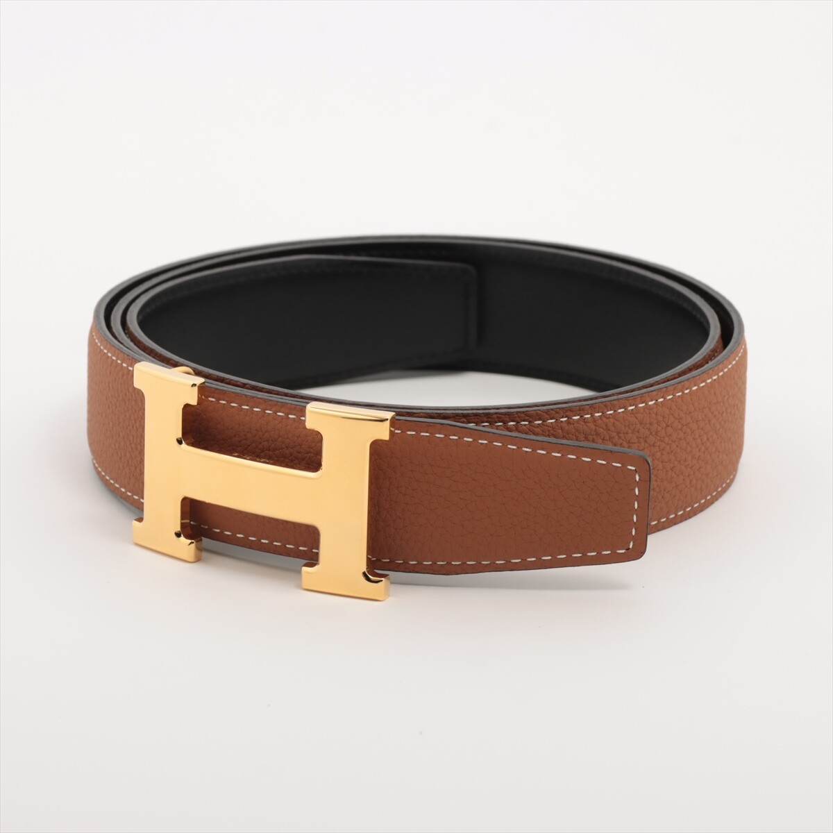 美品 エルメス ネイサン Hロゴ レザーベルト 黒 グレー シルバー □R