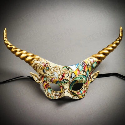 Krampus Gold Horn Crackle Venetian Devil Women Masquerade Party Mask White Gold - Image 1 of 4