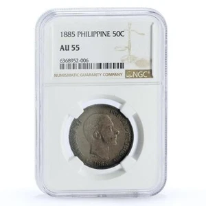 Philippines 50 centimos King Alfonso XII Coat of Arms AU55 NGC silver coin 1885 - Picture 1 of 4