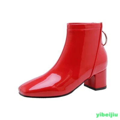 Ankle Boots Block Heel Square Toe Women‘s Ring Zip Shiny Leather Fashion Shoes - Image 1 of 4