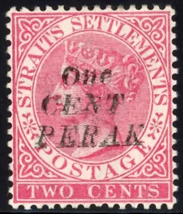 Malaya States-Perak 1886 RARE DOUBLE SURCHARGE Sc#19d, SG# 29b Mint XF OG Hinged - Picture 1 of 2