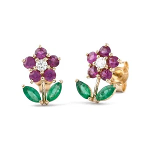 Real Ruby Flower Emerald Leaf Diamond Stud Earrings Solid 18K Yellow Gold Studs - Picture 1 of 16