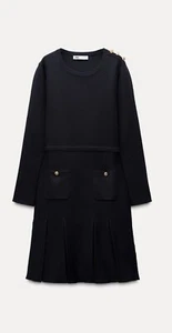 Zara Damen Marineblau Langarm Plissee Strick Kurz Kleid Größe Medium Neu mit Etikett - Bild 1 von 11