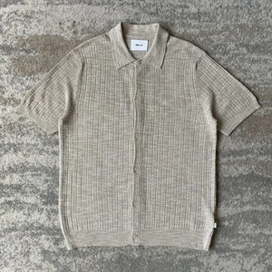 NN07 Knit Shirt Large Beige Nolan Ribbed Button Front Short Sleeve Polo - Picture 1 of 10