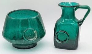 Vintage Handblown Glass Vase & Pitcher Jug Bubble Modernist MCM Emerald Green - Picture 1 of 12
