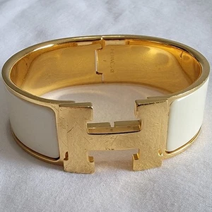 Hermes Clic Clac H White Enamel Gold Plated Wide Bracelet - Picture 1 of 12