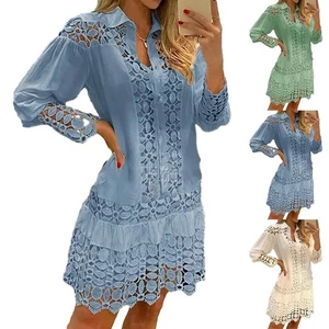Women Green Spring Summer Lace Splicing Long Sleeve Cutout Shirt Elegant Dress - Picture 1 of 18