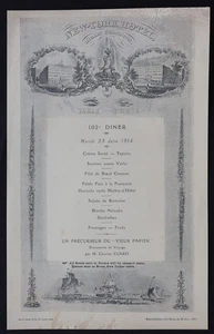 Menú 23 de junio de 1914 EL VIEJO PAPEL Sté Arqueologique 102th cener New Yor... - Imagen 1 de 1