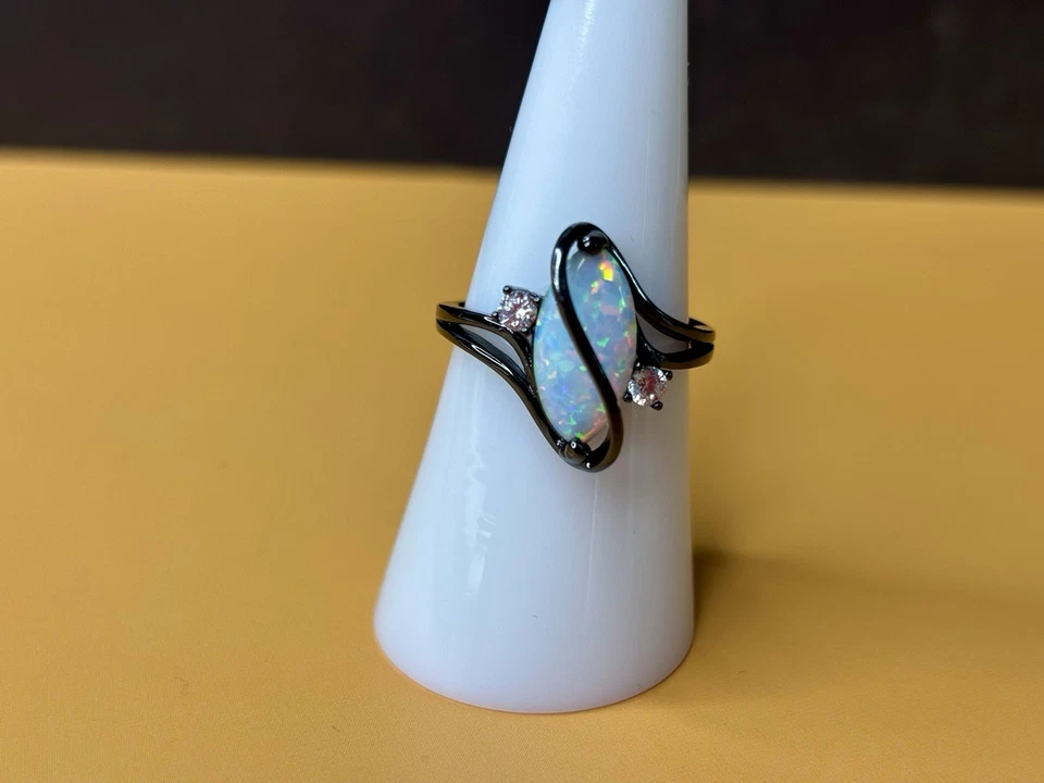 Worn Once. Black Twist White Fire Opal with White CZ Ring Size 7 - Image 1 of 2