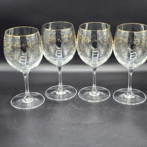 Pier 1 Imports Gold Dot Swirl Wine Glasses Set of 4 Hand Blown 7” Tall Elegant - Picture 1 of 8