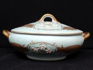 Lenwile Ardalt Bone China Metallic Gold & Mintgrün Floral bedeckt ovale Schale - Bild 1 von 7