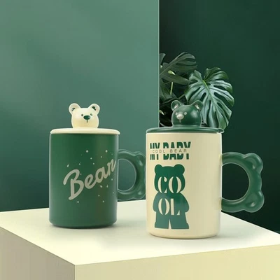 2X High-Fired Ceramic Porcelain Mug Set with Lid 400ml Bear w Tea Spoon Green - image 1 of 4