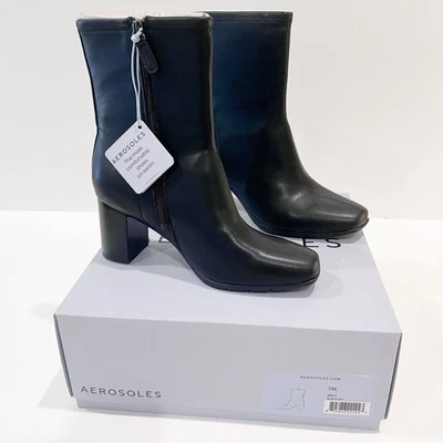 Aerosoles Miley Mid Calf Block Heel Zip Boot Black Faux Leather Size 7 NEW - Image 1 of 4