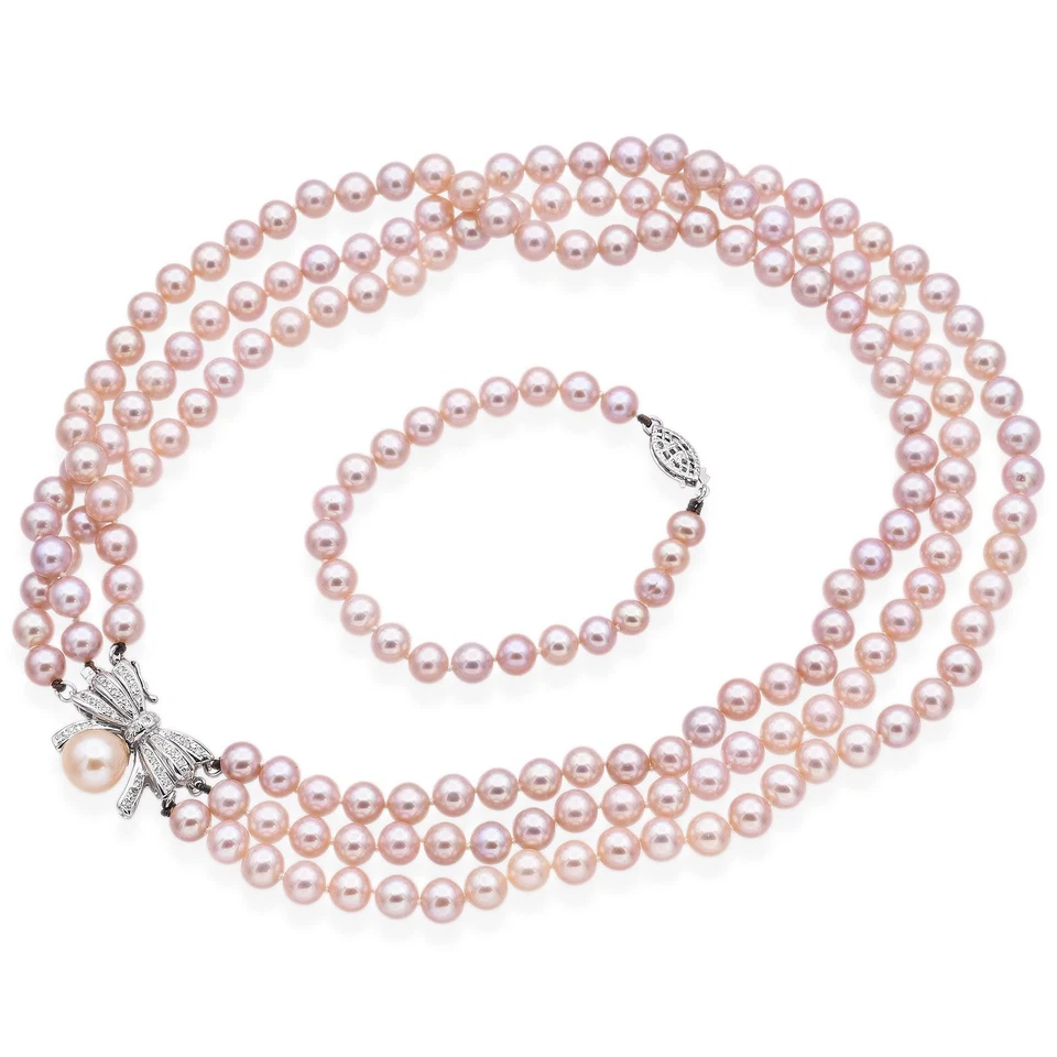 Vintage White Gold Diamond Bow Pearl Necklace and Bracelet Set - Image 1 of 4