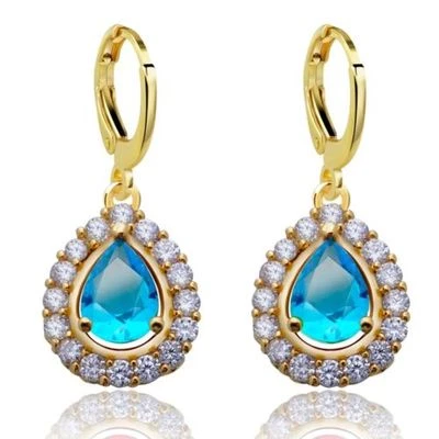 Pretty Yellow Gold Plated Aquamarine Blue Pear/Teardrop CZ Dangle Drop Earrings - Image 1 of 3