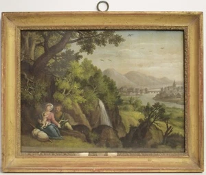 Painting picture PAINTING Oil on paper SACRED FAMILY FLEEING TO EGYPT 1700 - Picture 1 of 3