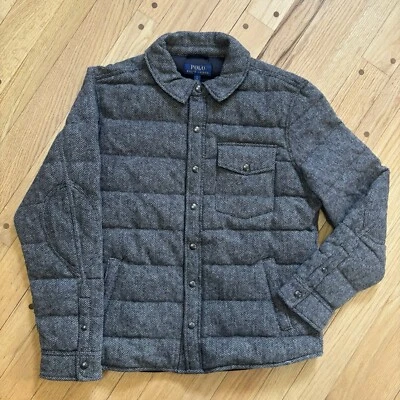 Polo Ralph Lauren Wool Herringbone Down Puffer Coat Quilted Jacket Large Gray - Image 1 of 4