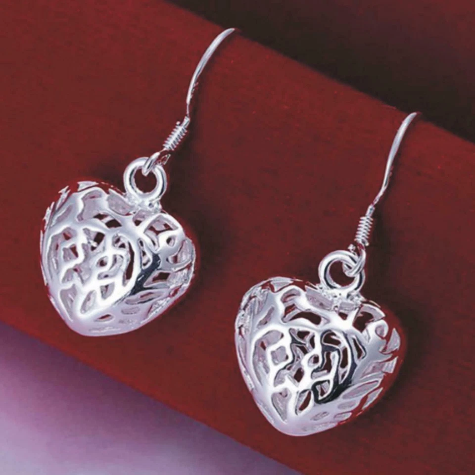 Gorgeous Filigree Heart Dropper Earrings Silver Plated Highly Polished So Cute - Image 1 of 1