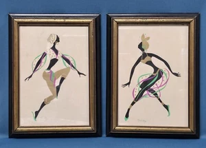 Vintage Art Deco African Woman Dancing Framed Paintings or Prints Set - Picture 1 of 8