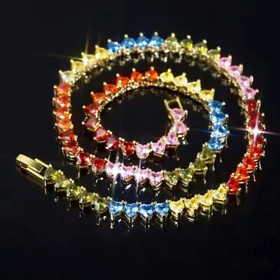 18k 镀金实验室制作多色蓝宝石心形网球项链新娘礼物 — 第 1/4 张图片