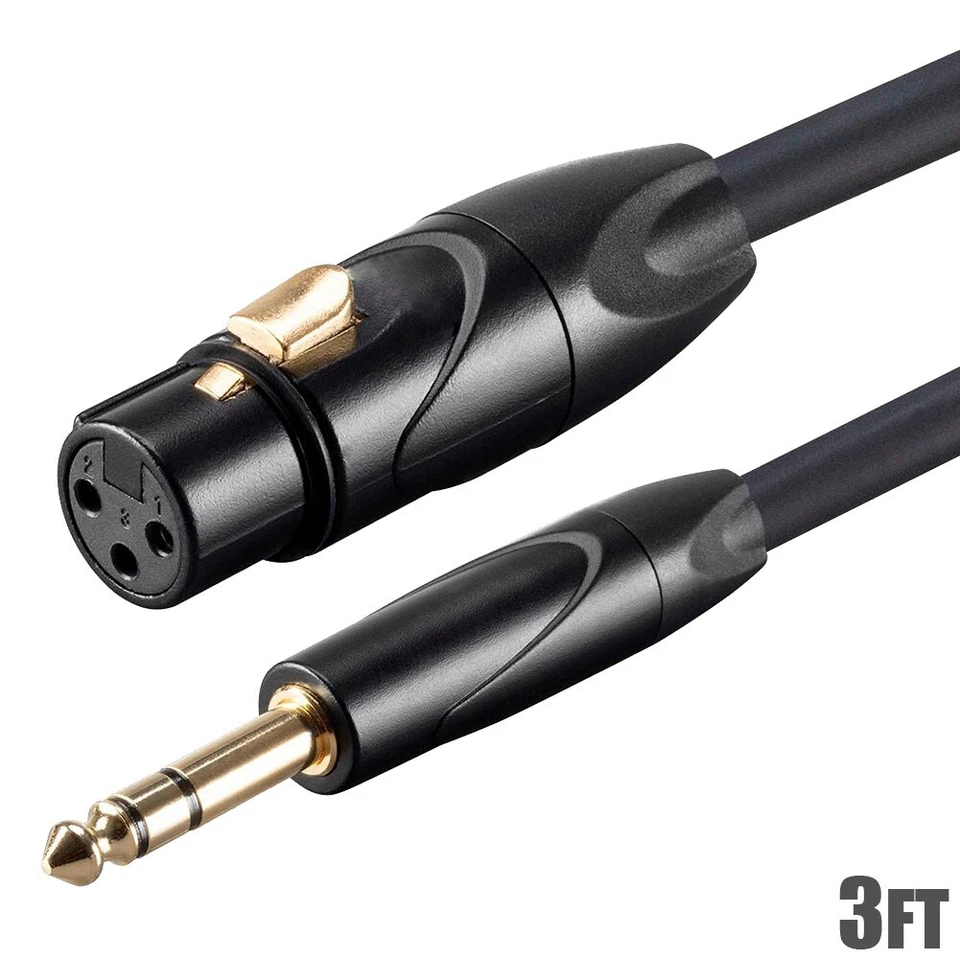 3FT 3-Pin XLR Female to 6.35mm 1/4" TRS Male Mic Microphone Audio Cable Gold - Image 1 of 4